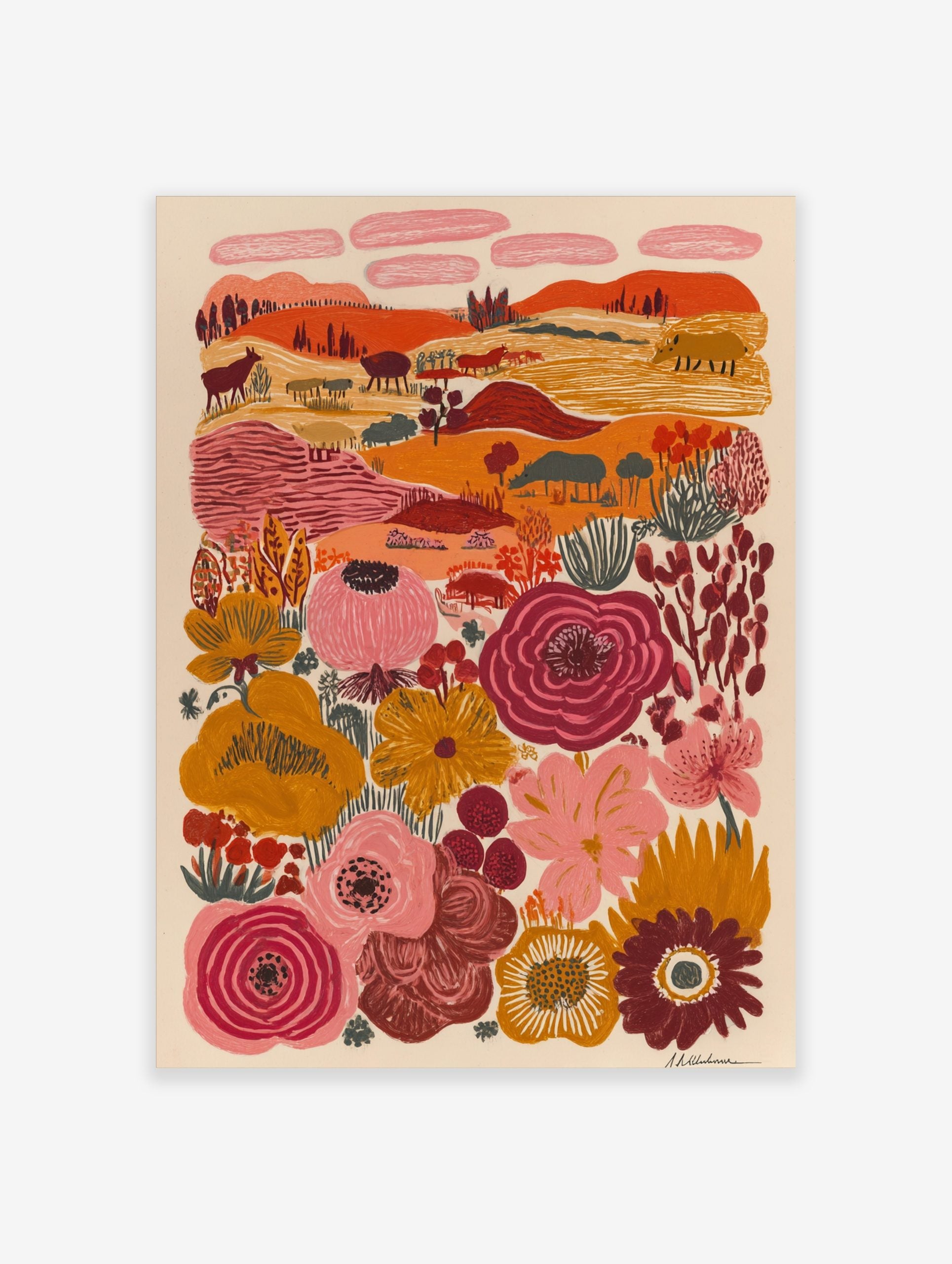 Folk art landscape print with stylized animals, trees, hills, and large colourful flowers in orange, pink, and red