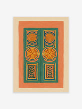 Colorful folk art print depicting a traditional teal and orange door with spiral and botanical patterns on a light background.