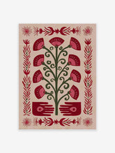 Folk art print of a stylized red and green tree with fan-shaped flowers, hands with eyes, and decorative borders.