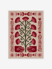 Folk art print of a stylized red and green tree with fan-shaped flowers, hands with eyes, and decorative borders.