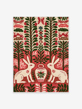 Folk art rabbit poster with two white hares, red vase, green stems, and red background
