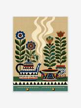 Folk art still life poster with patterned teapot, stylised flowers, and steam on beige background