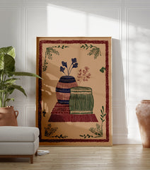 Folk art illustration print featuring two patterned vases with botanical elements and a decorative leaf border on a brown background. - Image 3