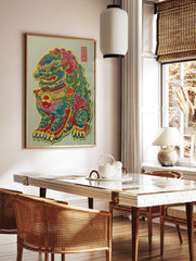 Vibrant Foo Dog wall art print, a mythical Chinese guardian lion with intricate multi-colored details and red seal on light background. - Image 3