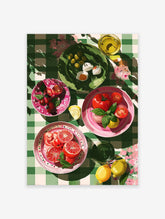 Vibrant food wall art illustration of a Mediterranean picnic spread with fresh produce on a green checkered tablecloth.