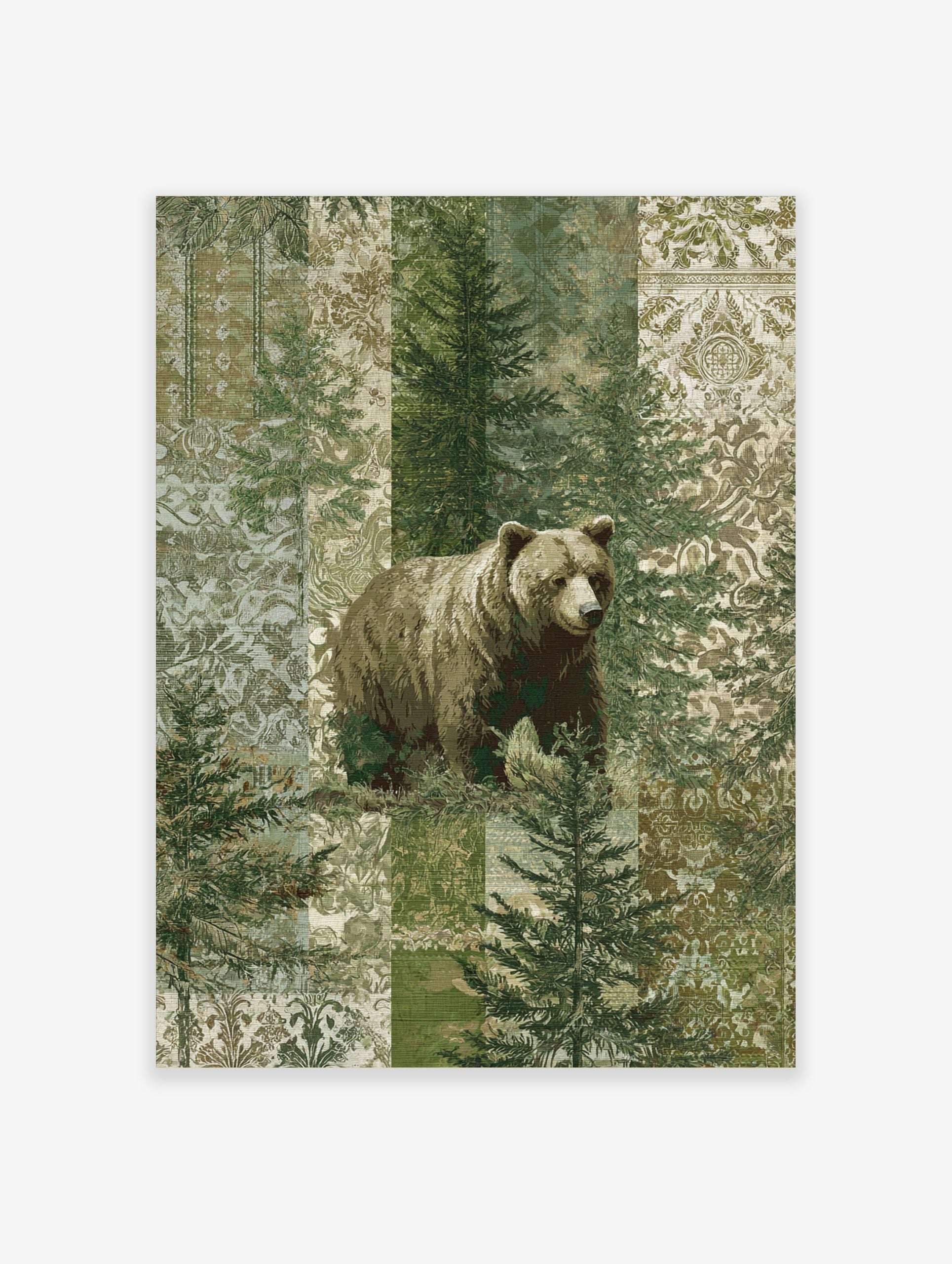 Brown bear standing among green pine trees with a patterned patchwork background in muted green and beige tones
