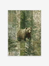 Brown bear standing among green pine trees with a patterned patchwork background in muted green and beige tones