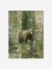 Brown bear standing among green pine trees with a patterned patchwork background in muted green and beige tones