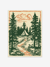 Vintage forest camping illustration art print with green pine trees, a tent, and an orange path and clouds.