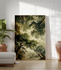 Forest canopy poster looking up through lush green trees and brown trunks against a light sky. - Image 3
