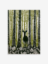 Illustrative forest deer wall art with a stag among tall green and white trees and foliage