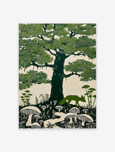 Linocut style art print of a green fox walking under a large oak tree with moss and mushrooms