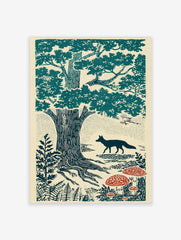 Illustrative forest scene with a dark teal fox walking past large trees and red spotted mushrooms