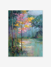 Impressionist forest lake wall art painting with vibrant pink and yellow trees reflected in calm green and blue water.