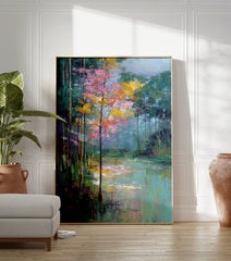 Impressionist forest lake wall art painting with vibrant pink and yellow trees reflected in calm green and blue water. - Image 3