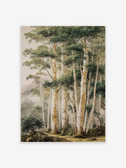 A forest landscape poster depicting tall, light-barked trees with green leaves and a misty mountain background.