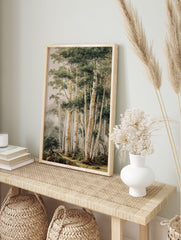 A forest landscape poster depicting tall, light-barked trees with green leaves and a misty mountain background. - Image 4