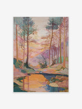 Multi-color illustrative forest landscape art print with tall trees, a winding river reflecting the sky, and distant mountains.