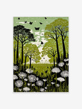 Green forest meadow print with dark trees, white flowers, and black butterflies in a linocut style
