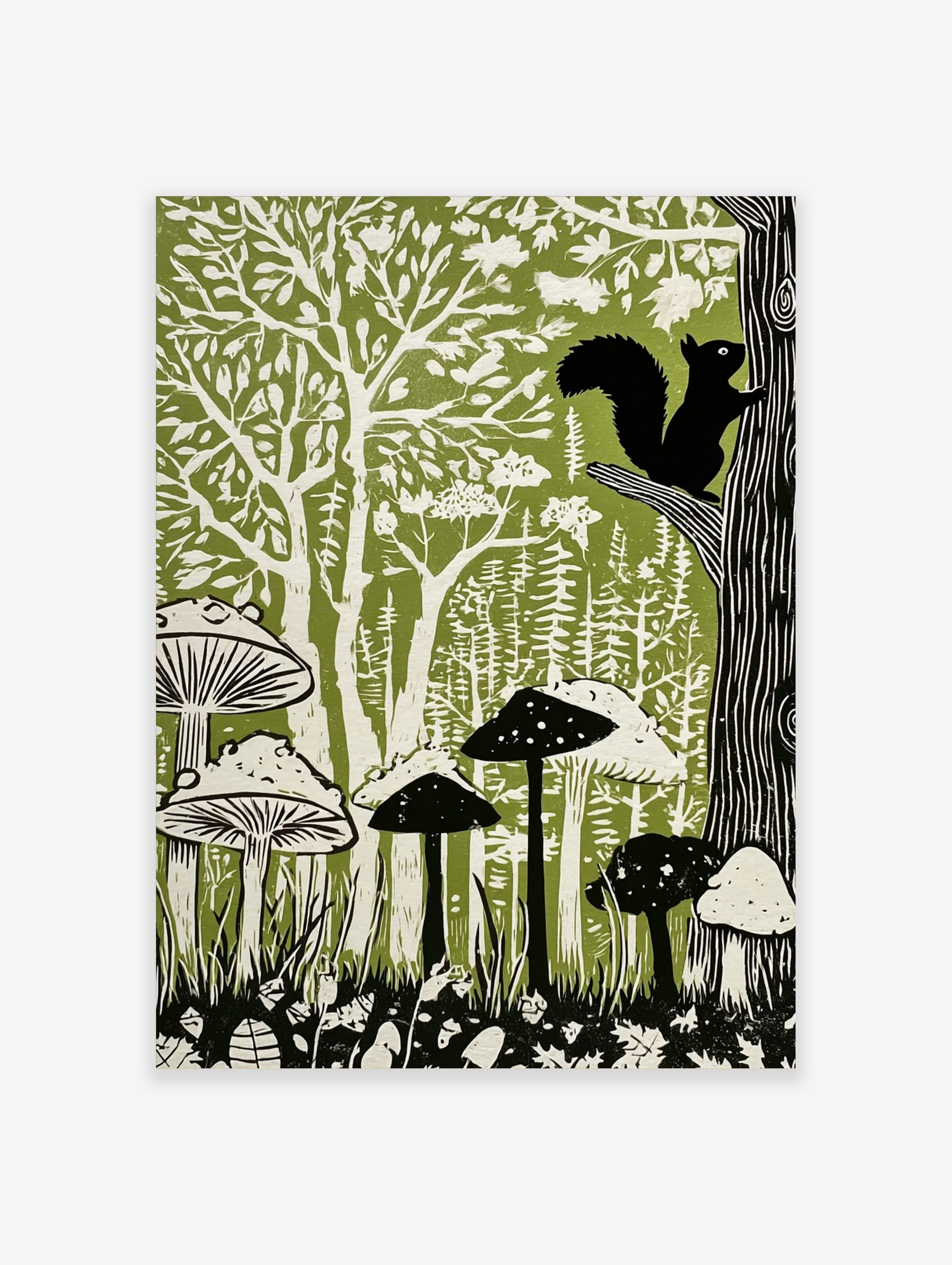 Linocut-style forest art print with black squirrel, green trees, and white mushrooms on a green background