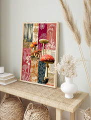 Forest mushroom patchwork wall art with red, orange, and blue-green tones, featuring, in an alternate framed mockup