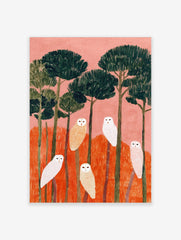 Illustrative art print of six white and beige owls perched on trees with pink sky and orange undergrowth