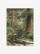 Forest path poster showing ancient tree roots covering a mossy ground, surrounded by tall trees and lush green foliage.