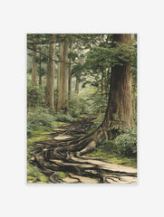 Forest path poster showing ancient tree roots covering a mossy ground, surrounded by tall trees and lush green foliage.
