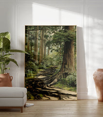 Forest path poster showing ancient tree roots covering a mossy ground, surrounded by tall trees and lush green foliage. - Image 3