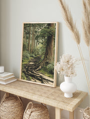 Forest path poster showing ancient tree roots covering a mossy ground, surrounded by tall trees and lush green foliage. - Image 4