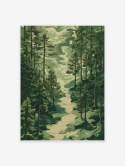 Forest path poster with tall green pine trees and a winding river, stylized nature landscape art.