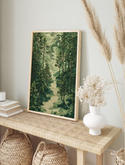 Forest path poster with tall green pine trees and a winding river, stylized nature landscape art. - Image 4