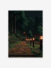 Forest path poster at night with glowing Japanese lanterns, tall trees, and fireflies illuminating a stone pathway.