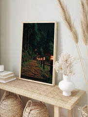Forest path poster at night with glowing Japanese lanterns, tall trees, and fireflies illuminating a stone pathway. - Image 4