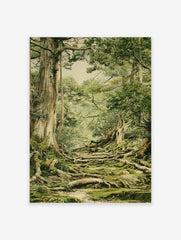A detailed forest path poster with ancient trees, moss-covered roots, and lush green foliage creating a natural pathway.