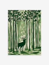 Green illustrative wall art print of a stag with antlers standing in a tall forest, looking upwards
