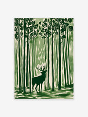 Green illustrative wall art print of a stag with antlers standing in a tall forest, looking upwards