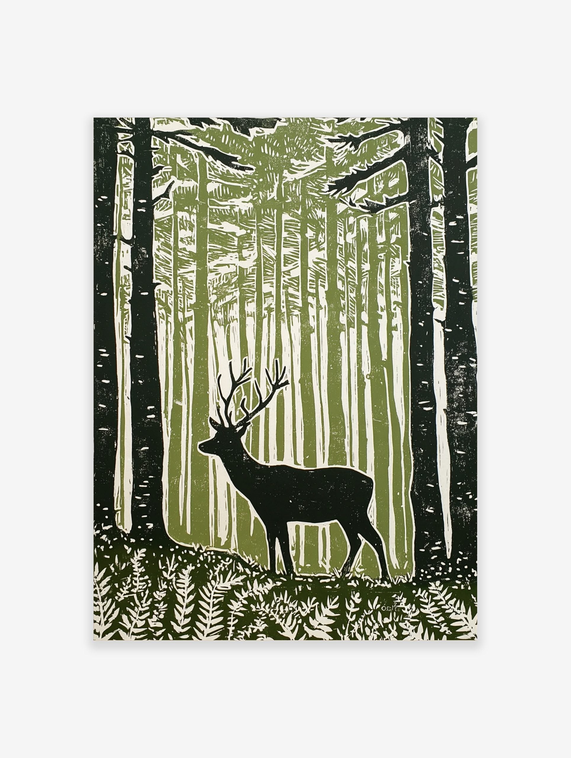 Green woodcut print of a stag with antlers in a dense forest with ferns and tall trees