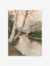 Watercolor style forest landscape painting with a winding stream and birch trees in the foreground