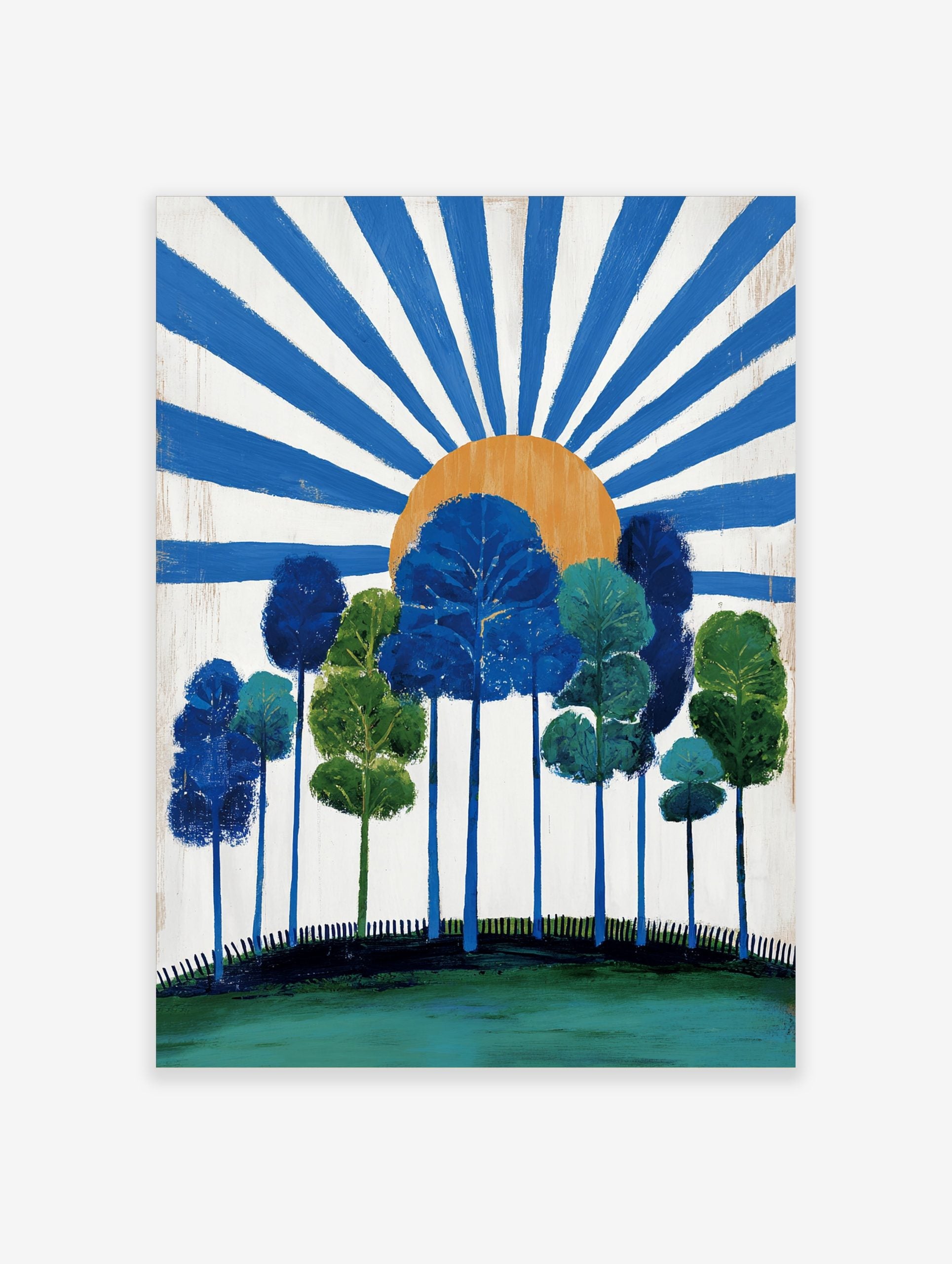 Stylised blue and green trees on a hill with an orange sun and radiating blue rays on a white background