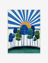 Stylised blue and green trees on a hill with an orange sun and radiating blue rays on a white background