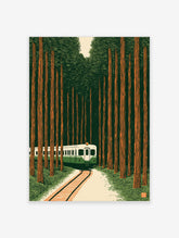 Illustrative art print of a vintage train moving through a dense forest of tall trees with a green and orange palette