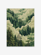 Illustrative forest valley poster showing dense green pine trees shrouded in flowing light green mist and clouds.