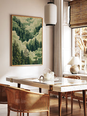 Illustrative forest valley poster showing dense green pine trees shrouded in flowing light green mist and clouds. - Image 2