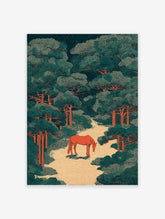 Stylized forest wall art print with a reddish-orange horse on a path, surrounded by teal green trees with orange trunks.