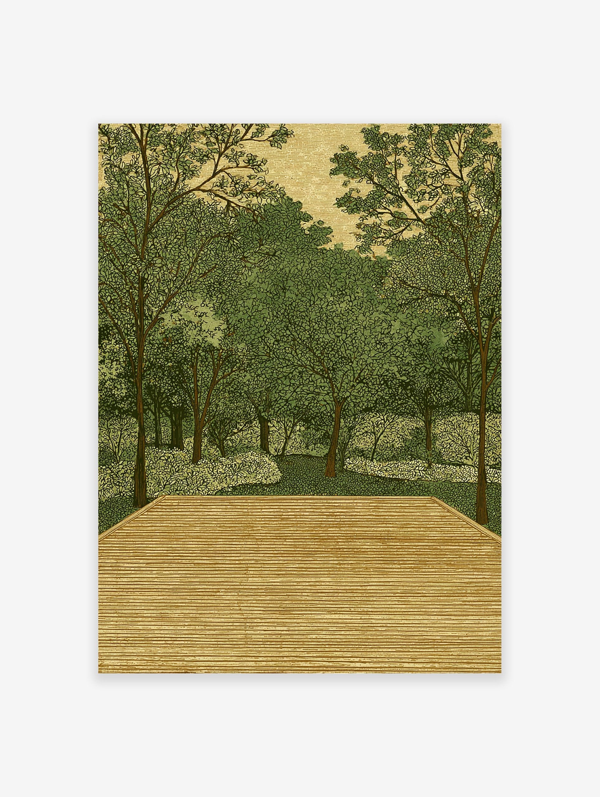 Illustrative forest wall art print with green trees, dense foliage, and a wooden deck in the foreground, on a textured background.
