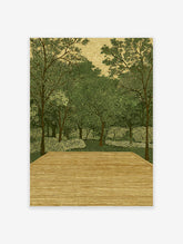 Illustrative forest wall art print with green trees, dense foliage, and a wooden deck in the foreground, on a textured background.