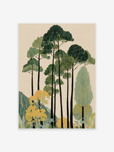 Illustrative forest wall art with tall green and yellow trees, mountains, and a beige background.