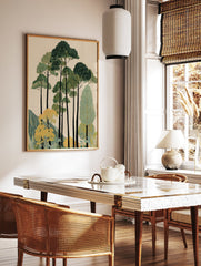Illustrative forest wall art with tall green and yellow trees, mountains, and a beige background. - Image 2