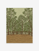 Illustrative forest wall art showing a wooden deck overlooking many green trees and foliage under a light green sky.